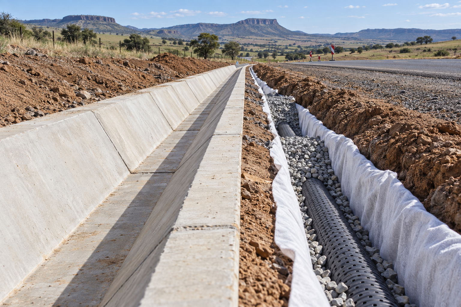 Illustration of concrete roadside drainage and a gravel-lined subsoil drainage trench
